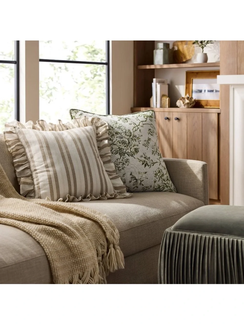 Studio McGee 24” Square Floral Jaquard Accent Pillow Green
